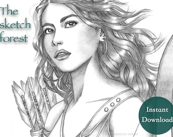 Printable Coloring Pages for Adults l The Warrior, Josephine l Woman Archer Grayscrale  l Instant Download PDF, JPG l Calming Coloring Pages