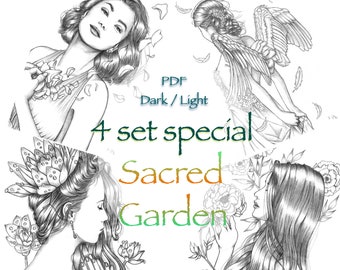 Printable Coloring Pages for Adults l Special 4 Set 'Sacred Garden' l Beautiful Women Flowers, Hair l Grayscale lInstant Download PDF