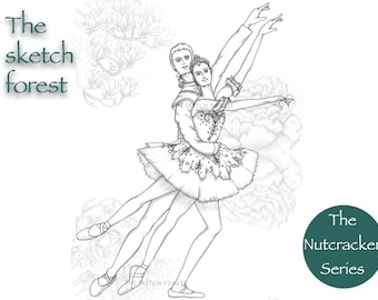 Printable Coloring Page l Ballet illustration l Sugar plum fairy and the prince - The Nutcracker l Greyscale  l Instant Download PDF, JPG