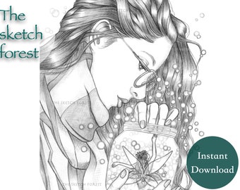 Printable Coloring Pages for Adults l Nocturne of Fairy, Sophie l Women Nature l Grayscale Portrait Coloriage  l Instant Download PDF, JPG