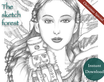 Christmas Printable Coloring Page I Clara, The Nutcracker l Christmas Coloring Book l Greyscale l Digital art l Instant Download PDF, JPG