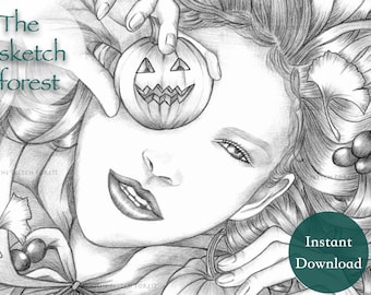 Printable Coloring Pages for Adults l Finding Autumn, Laurel l Women Nature l Grayscale Portrait Coloriage  l Instant Download PDF, JPG