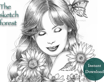 Printable Coloring Pages for Adults l Summer breeze, Samantha, Women Flowers Grayscale  l Instant Download PDF, JPG l Fantasy Coloring