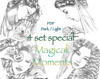 Printable Coloring Pages for Adults l Special 4 Set 'Magical Moments' l Beautiful Women Flowers, Fairy l Grayscale lInstant Download PDF