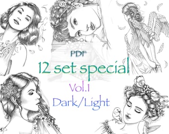 12 Printable Coloring Book for Adults l Dark and Light - Grayscale l Fantasy Portrait Coloring l Flowers and Women l PDF l Instant Download