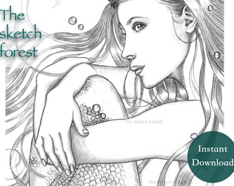 Printable Coloring Pages for Adults l Daydream of the mermaid, Ruby l Mermaid Coloring l Fantasy l Grayscale  l Instant Download PDF, JPG