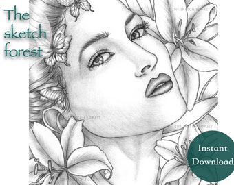 Printable Coloring Pages for Adults l Lily and Cassandra, Women Flowers Grayscale  l Instant Download PDF, JPG l Fantasy Coloring