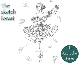 Printable Coloring Page l Ballet illustration l Dance of Mirliton - The Nutcracker l Greyscale l Digital art l Instant Download PDF, JPG