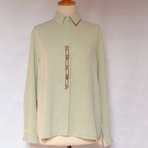 Olive green shirt Long sleeve shirt Button down shirt women Embroidery blouse Large size