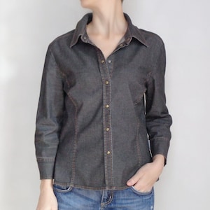 Black Denim shirt 3/4 sleeve button down Jeans blouse  Retro Max Mara Small size 44