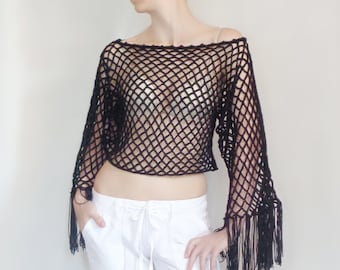 Sheer crop top fishnet long sleeve Crochet Mesh Fringe Beach Summer Small size