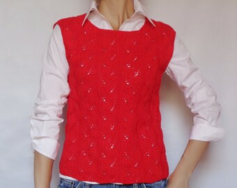 Red sweater vest Cable knit vest Sleeveless sweater Cropped vest Hand knit sweater Tank