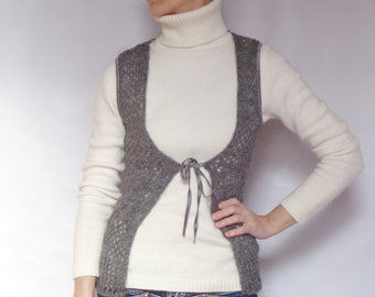 Womens waistcoat vest Knit Wool Lace Grey Mohair Vintage XS/Small size