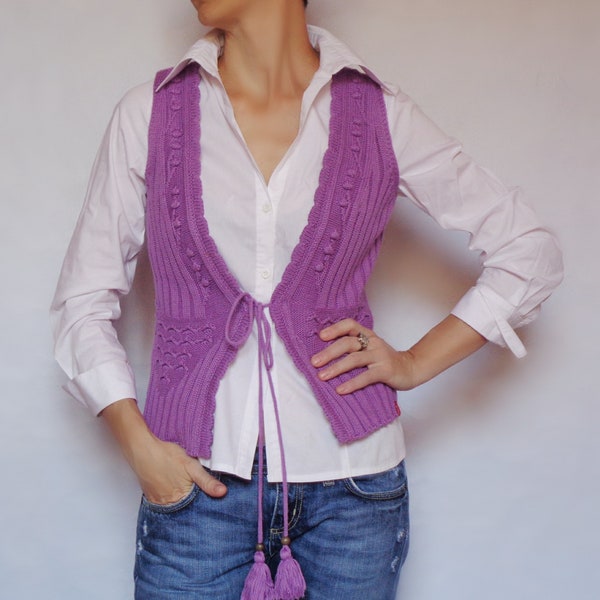 Lilac Purple Short waistcoat womens Aran Cable knit vest Vintage Boho Sleeveless M size ESPRIT