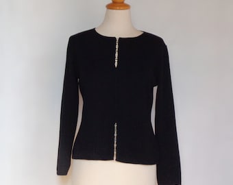 Merino wool sweater woman Thin Black Rhinestone Vintage 90s BRU-AN M/L size
