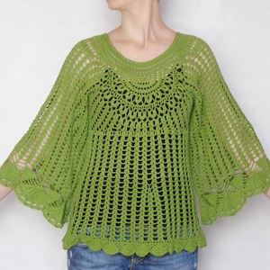 Green crochet top  Bell sleeve top Long sleeves