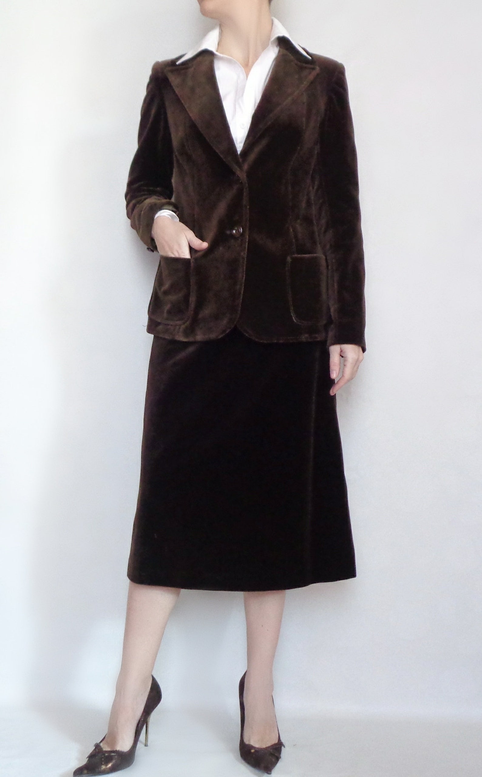 Brown Velvet Skirt Suit Two Piece Set Vintage Suit Women 80s Etsy