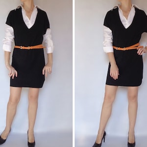 Wool knit dress v neck Wool sweater short sleeve woman Oversized sweater dress  Black sweater dress Vintage Sweaterdress One size