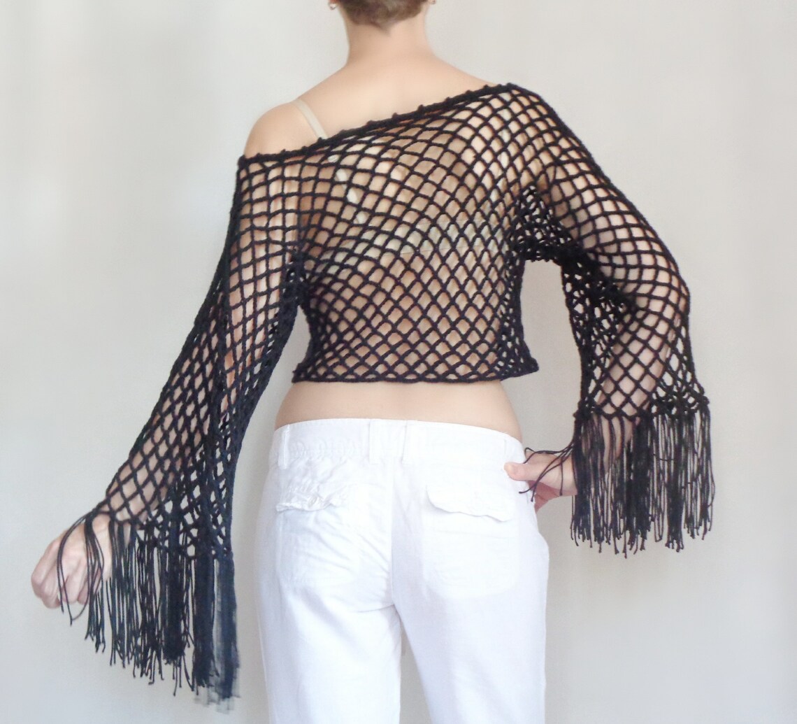 Sheer Crop Top Long Sleeve Crochet Mesh Fringe Beach Summer