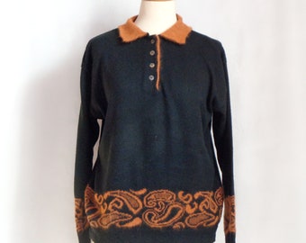 Paisley sweater Black orange button up neck Intarsia Cozy Soft Henley pullovers Wool angora M size