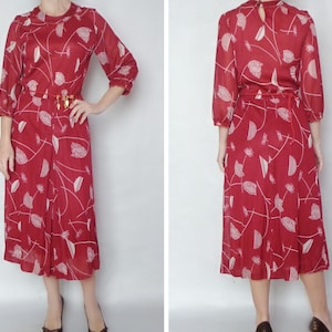 Burgundy dress 80s vintage dress Vintage romantic gown Midi Abstract 70s S/M size