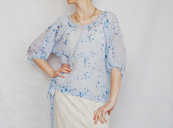 Blue Sheer Blouse Bishop Sleeve Sheer 