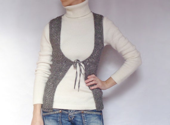 Womens waistcoat vest Knit Wool Lace Grey Mohair … - image 1