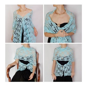Leaves blanket scarf Hand crocheted shawl Turquoise Lightweight Crochet mint green