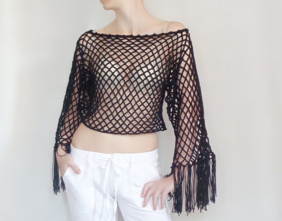 Sheer Crop Top Fishnet Long Sleeve Crochet Mesh Fringe Beach - Etsy