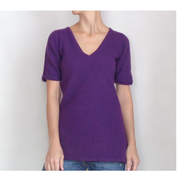 Purple V neck merino wool sweater short sleeve Cashmere Shirt tops for women Fisherman out of Ireland Small size