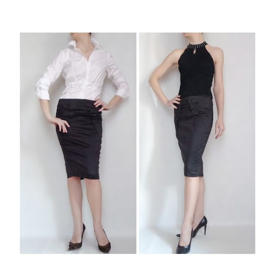 Buy Midi Pencil Skirt Black Low Waist 90s Bodycon Thin Wool Sharon