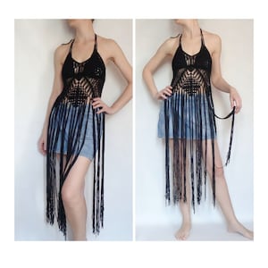 Fringe crochet top Backless crop top Halter tankini top Beach Summer Black Lace One size
