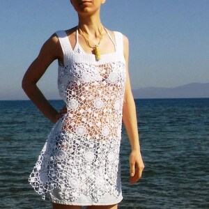 Crochet mini dress Lace sundress White floral beach cover up