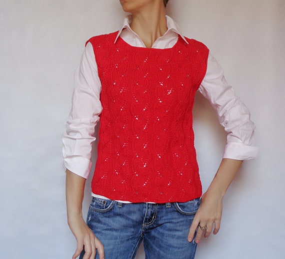 Vintage rode wollen mouwloze trui Maat 36-38 FR Kleding Dameskleding Sweaters Spencers 