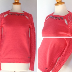 Sweater with mesh-look sleeves  Angora sweater coral Rhinestone pullover Raglan M size