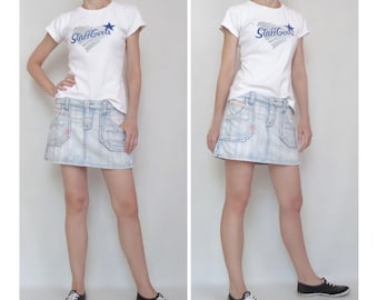 Wrangler skirt vintage Bleached Ripped Mini skirt Boro Sachiko stitch Reworked Size 27