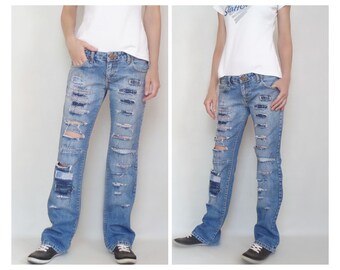 Ripped Jeans Punk Upcycled Low Rise Jeans Boro Sachiko Stitch