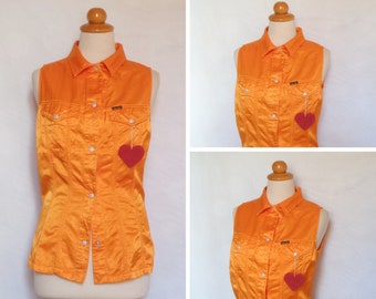 Bright orange sleeveless blouse Collared cotton button up top Diesel M size