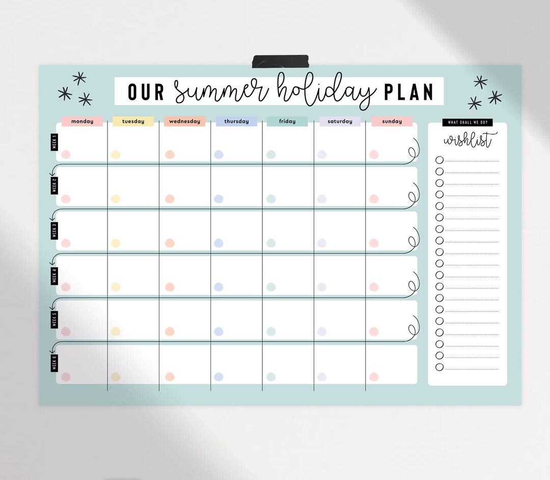 A4 Printable Summer Holiday Wall Planner in Pretty Pastel - Etsy