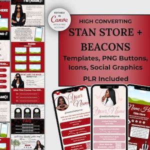 May include: A digital marketing product display with a red and white color scheme. The image includes templates, PNG buttons, icons, and social graphics. The text includes "STAN STORE + BEACONS" and "EDITABLE IN CANVA". Several smartphone mockups are also visible.