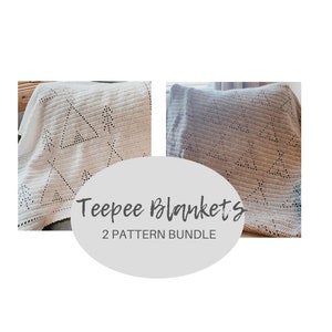 May include: Two crocheted blankets with a geometric pattern. The blankets are white and beige with a light brown background. The text "Teepee Blankets 2 PATTERN BUNDLE" is on a gray circle.