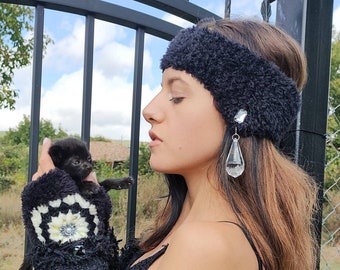 Designer handmade crochet ear warmers  in black with transparent pendants