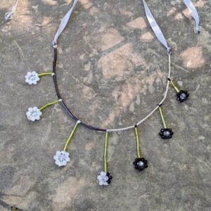 Beaded macrame tie up necklace in black and white image 2