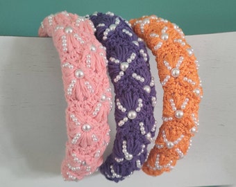 Set of Three Crochet Padded Pearl Headbands in Orange, Purple and Coral