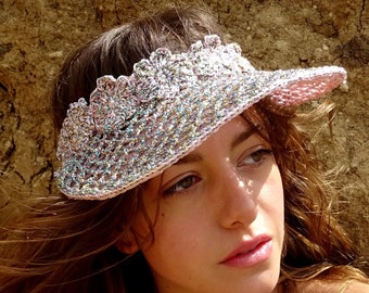 Designer handmade crochet sun cap in sparkling pink