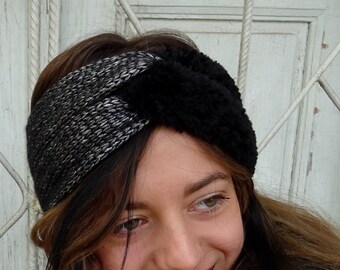 Designer Crochet Twisted Headband in Black Fluffy Ear Warmer Sparkling Headband Turban Headband