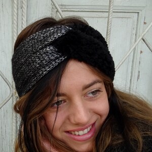 Designer Crochet Twisted Headband in Black Fluffy Ear Warmer Sparkling Headband Turban Headband