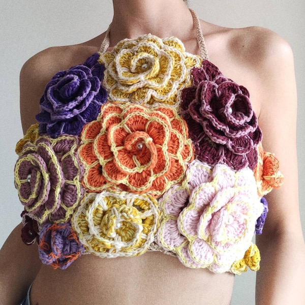 Crochet Cotton backless halterneck top covered with flowers