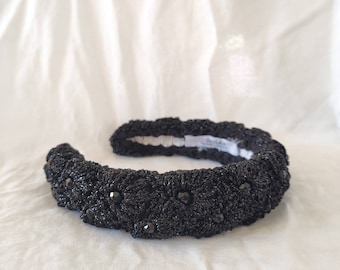 Designer padded headband in sparkling black  beaded with black stones