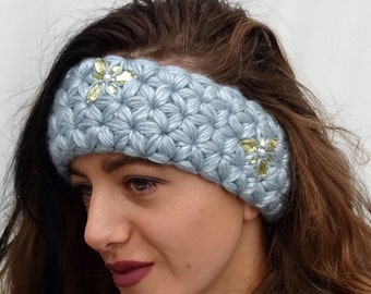 Designer handmade crochet headband in light blue embellished with transparent stones